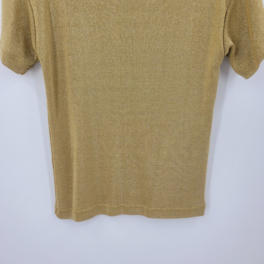 Vtg Gold Metallic Ribbed Knit Short Sleeve Top Sz S Layering Glam Cocktail - Picture 7 of 7